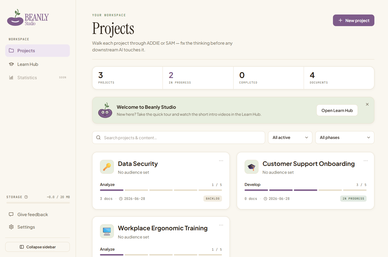 Beanly Studio — projects dashboard