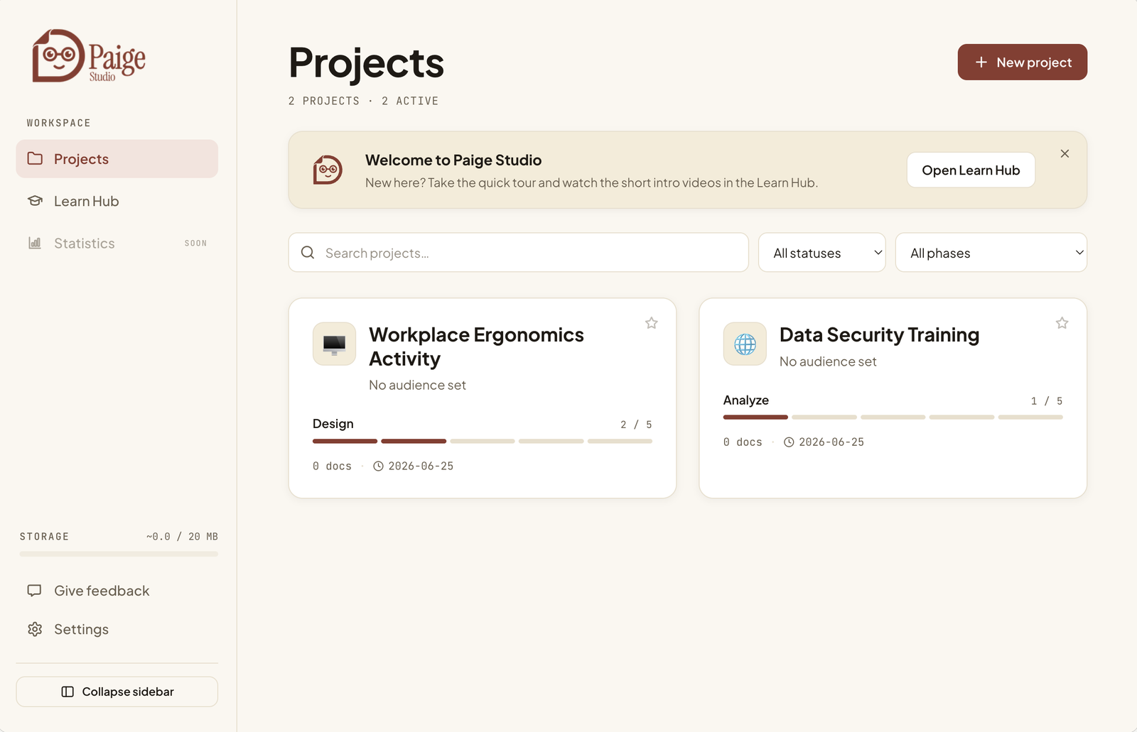 Paige Studio — projects dashboard