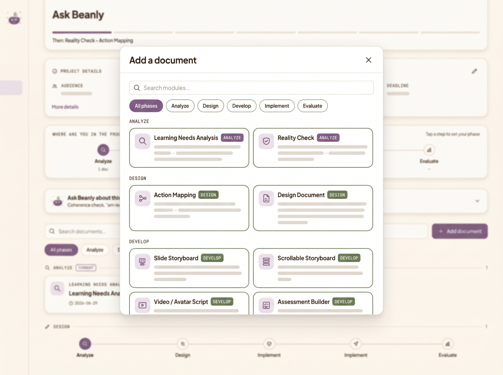 Adding learning design documents in Beanly Studio