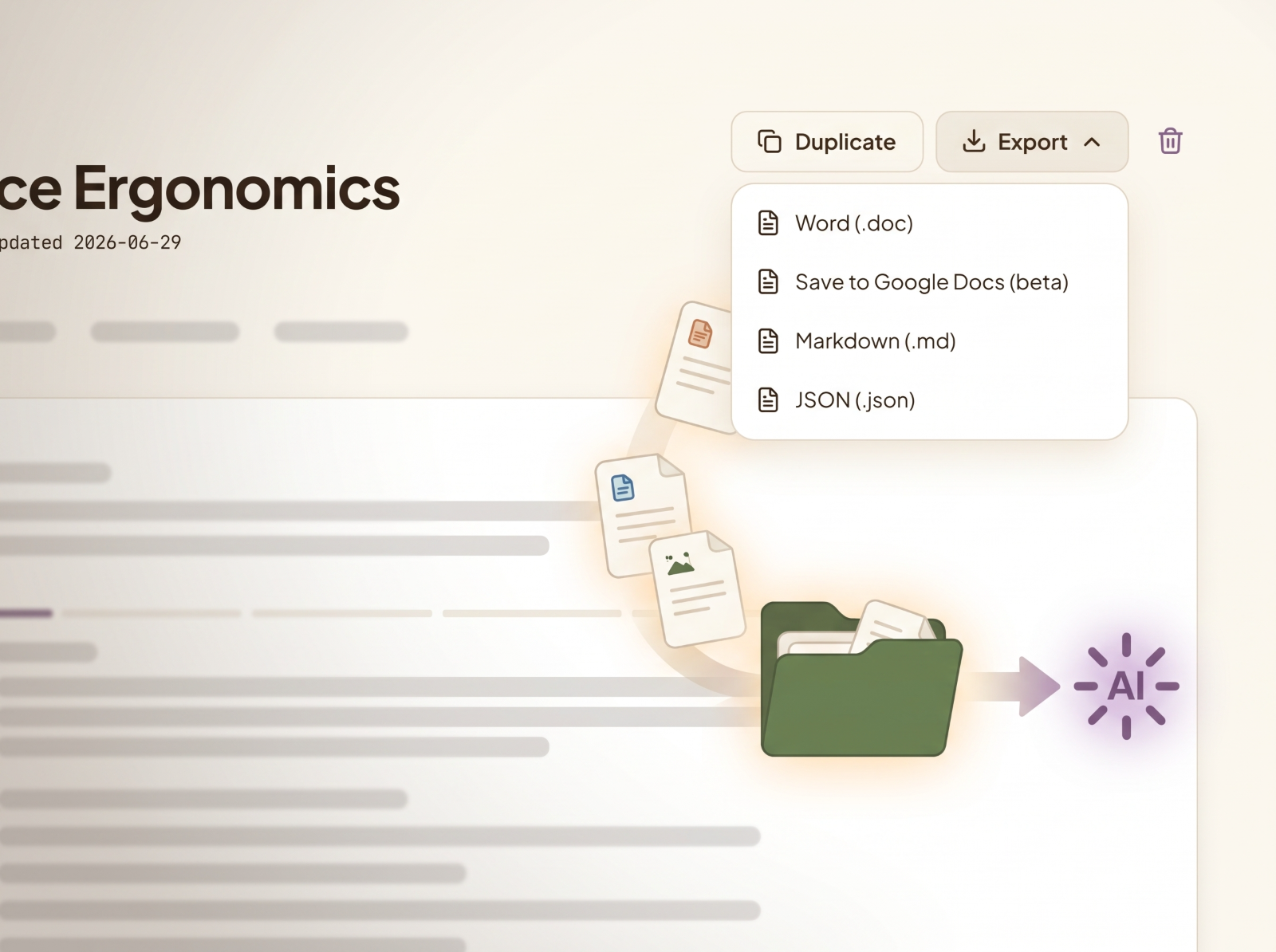 Exporting a document from Beanly Studio to Word, Markdown or JSON